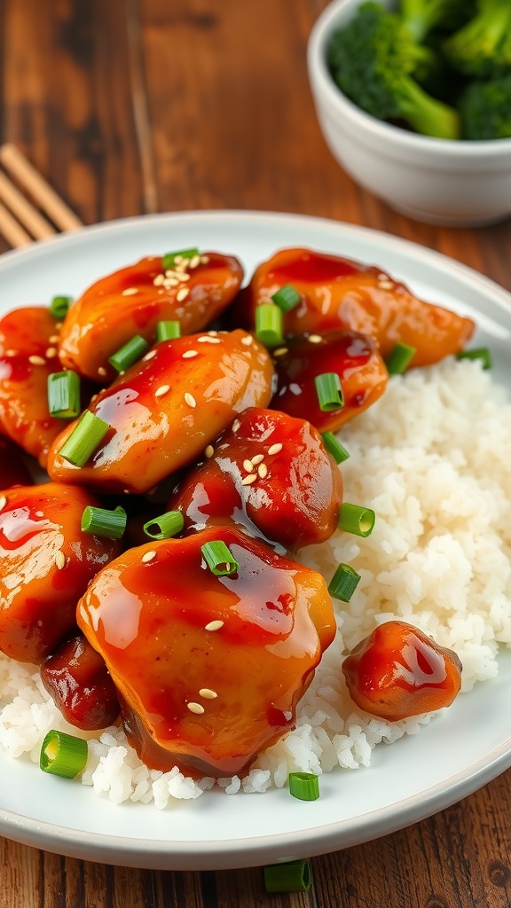 Honey garlic chicken served over rice, garnished with sesame seeds and green onions.